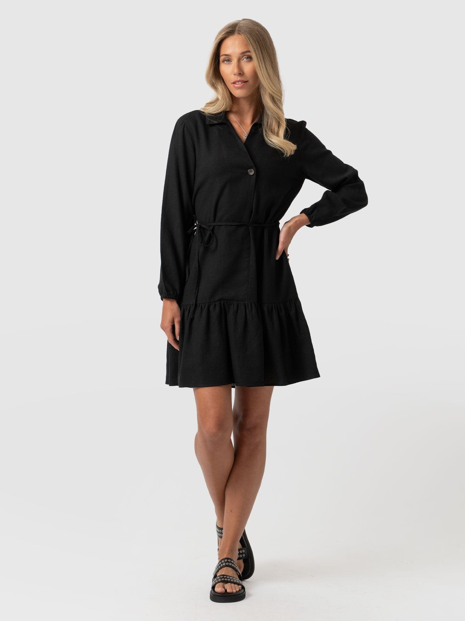 Jersey Ruffle Dress Black Sleeves - Women's Dresses | Saint + Sofia® USA